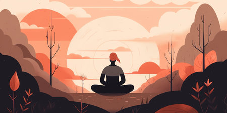 Mindfulness - A flat style illustration of a person practicing mindfulness, such as meditating or practicing yoga, with muted colors and simple shapes to convey a sense of calm and inner focus. Generative AI.の素材