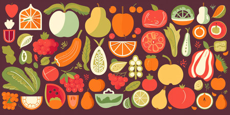 Fruits and Vegetables - A flat style illustration featuring a variety of fruits and vegetables arranged in an eye-catching way, with each item drawn in a simplified and geometric style. Generative AI.の素材