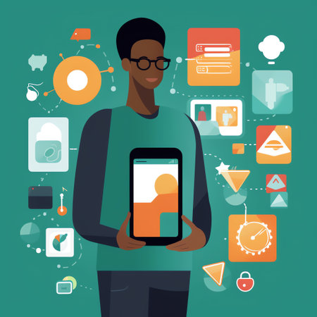 Mobile Learning: Person holding smartphone/tablet with educational apps/resources displayed. Background shows mobile technology elements. Generative AI.の素材