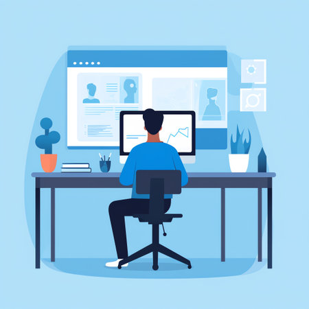 Virtual Classroom: Person at desk with virtual classroom open, highlighting features like video conferencing, interactive whiteboards. Background shows classroom settings. Generative AI.の素材