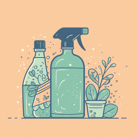 Sustainable Cleaning: Flat style illustration of natural cleaning products in a spray bottle to encourage using eco-friendly options, like vinegar and baking soda. Generative AI.の素材