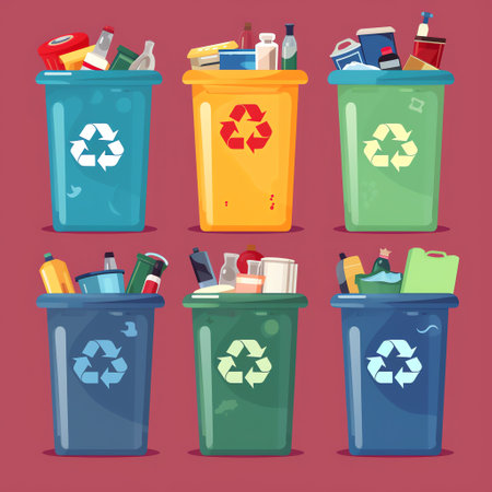 Recycling Bins: Flat style illustration of labeled bins for proper waste disposal to encourage sorting and recycling at home. Generative AI.の素材