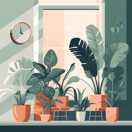 Greenery: Flat style illustration of a potted plant to promote indoor air quality and natural beauty, encouraging incorporating plants into homes. Generative AI.の素材