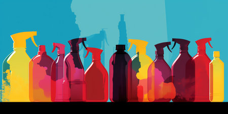 Colourful overlapping silhouettes of Cleaning Products. Generative AI.の素材