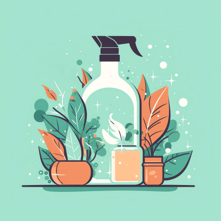 Sustainable Cleaning: Flat style illustration of natural cleaning products in a spray bottle to encourage using eco-friendly options, like vinegar and baking soda. Generative AI.の素材