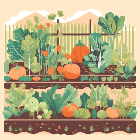 Sustainable Gardening: Flat style illustration of a vegetable garden to promote growing fresh produce and reducing food waste, encouraging sustainable gardening practices. Generative AI.の素材