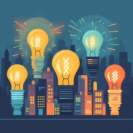 Energy Efficient Lighting: Illustration of different energy-efficient light bulbs to promote energy savings and sustainability at home. Generative AI.の素材