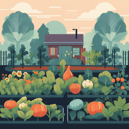 Sustainable Gardening: Flat style illustration of a vegetable garden to promote growing fresh produce and reducing food waste, encouraging sustainable gardening practices. Generative AI.の素材