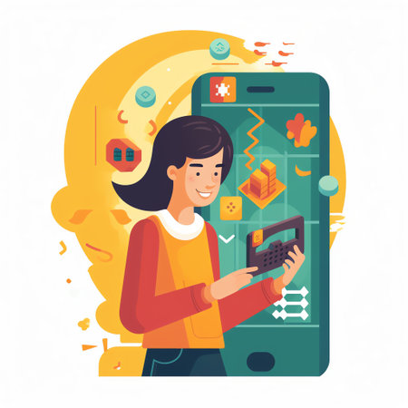 Gamified Learning: Student playing an educational game on a mobile device with different levels, rewards, and challenges designed to enhance learning.  Generative AI.の素材