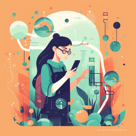 Augmented Reality Learning: Student exploring and interacting with virtual objects and environments through a mobile device, like historical landmarks or science experiments.  Generative AI.の素材