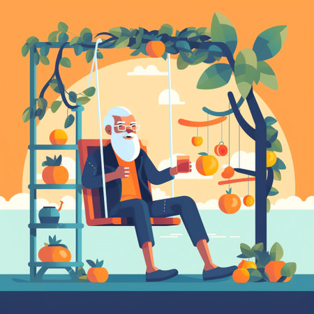 Senior citizen relaxing in a hammock, sipping lemonade and enjoying the scenery. The illustration is tranquil and colorful, with a simple, cozy atmosphere. Generative AI.の素材