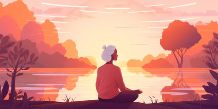 Retirement wellness: A retiree practicing self-care like yoga, meditation, or a spa day in a peaceful environment. Generative AI.の素材