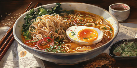 A bowl of ramen in a watercolor painting that showcases the savory and satisfying nature of this popular Japanese dish. Generative AI.の素材