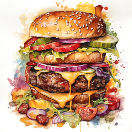 A towering burger in a watercolor painting that captures the heartiness and indulgence of a classic burger. Generative AI.の素材