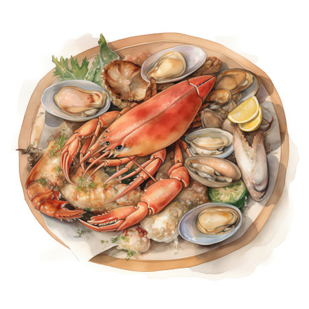 A seafood platter in a watercolor painting that showcases the freshness and variety of seafood in its natural colors. Generative AI.の素材