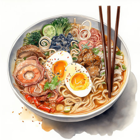 A bowl of ramen in a watercolor painting that showcases the savory and satisfying nature of this popular Japanese dish. Generative AI.の素材