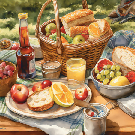 A picnic scene in a watercolor painting that brings to life the delicious and refreshing foods enjoyed outdoors. Generative AI.の素材