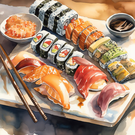 A beautifully arranged sushi platter in a watercolor painting that showcases the artistry and elegance of Japanese cuisine. Generative AI.の素材