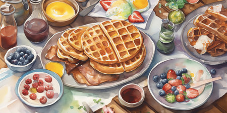 A brunch spread in a watercolor painting that celebrates the indulgence and variety of breakfast foods in vibrant colors. Generative AI.の素材