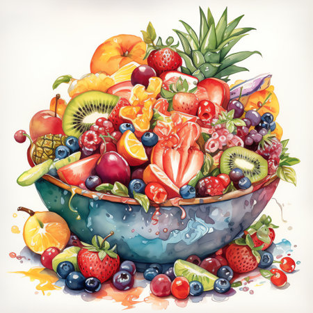 A colorful fruit salad in a watercolor painting that captures the juicy and fresh essence of each fruit. Generative AI.の素材