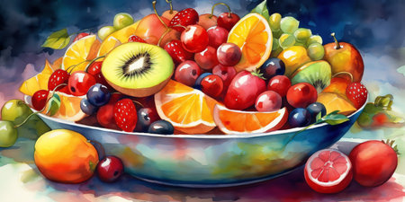 A colorful fruit salad in a watercolor painting that captures the juicy and fresh essence of each fruit. Generative AI.の素材