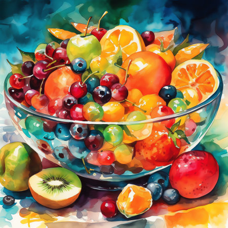A colorful fruit salad in a watercolor painting that captures the juicy and fresh essence of each fruit. Generative AI.の素材