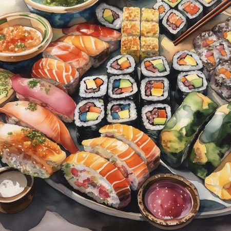 A beautifully arranged sushi platter in a watercolor painting that showcases the artistry and elegance of Japanese cuisine. Generative AI.の素材