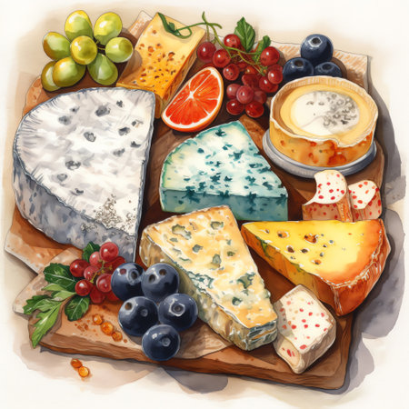 A cheese platter in a watercolor painting that celebrates the texture and diversity of cheeses in vibrant colors. Generative AI.の素材