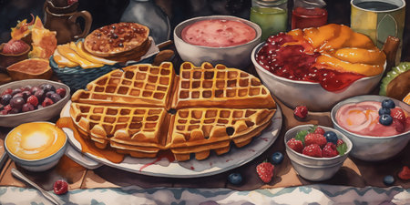A brunch spread in a watercolor painting that celebrates the indulgence and variety of breakfast foods in vibrant colors. Generative AI.の素材