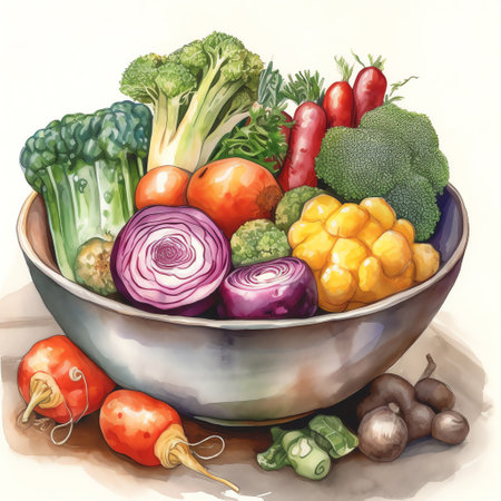 A bowl of colorful vegetables in a watercolor painting that highlights the natural beauty and diversity of vegetables. Generative AI.の素材