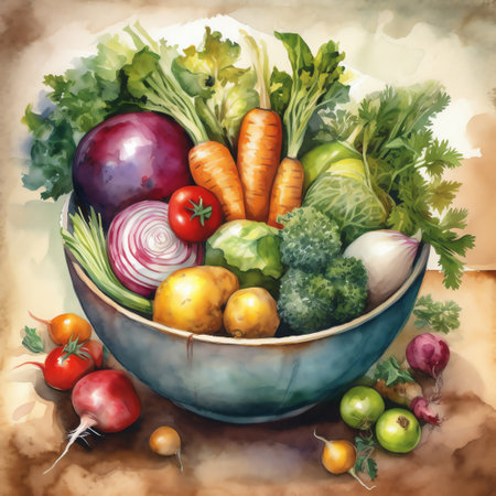 A bowl of colorful vegetables in a watercolor painting that highlights the natural beauty and diversity of vegetables. Generative AI.の素材