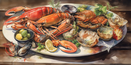 A seafood platter in a watercolor painting that showcases the freshness and variety of seafood in its natural colors. Generative AI.の素材
