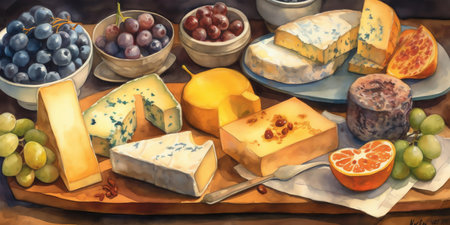 A cheese platter in a watercolor painting that celebrates the texture and diversity of cheeses in vibrant colors. Generative AI.の素材