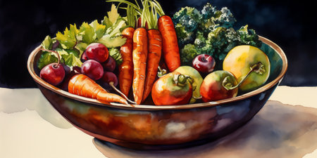 A bowl of colorful vegetables in a watercolor painting that highlights the natural beauty and diversity of vegetables. Generative AI.の素材