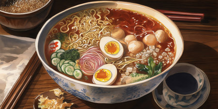 A bowl of ramen in a watercolor painting that showcases the savory and satisfying nature of this popular Japanese dish. Generative AI.の素材