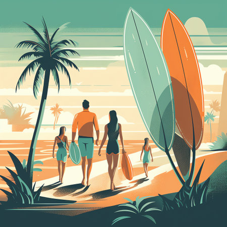 A family carries surfboards to the beach, with palm trees and ocean waves in the background. Bold lines and bright colors, flat style. Generative AI.の素材