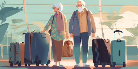 senior couple at an airport, ready to embark on new adventure and explore the world during their retirement, conveying sense of wanderlust and freedom that comes with retirement. Generative AI.の素材