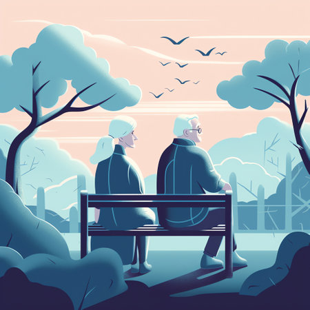 Senior Couple Enjoying Retirement: A serene flat illustration of a happy senior couple sitting on a bench, looking out at a scenic landscape and enjoying their retirement together. Generative AI.の素材