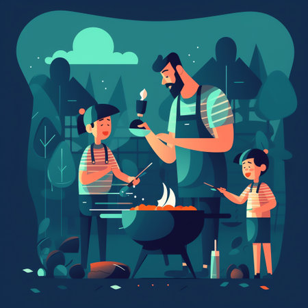 Father and child cooking/grilling: A delicious and mouth-watering illustration of a father and child bonding over food, whether they're grilling up burgers or cooking a gourmet meal. Generative AI.の素材