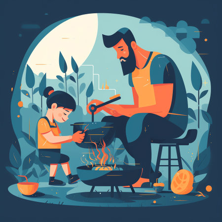 Father and child cooking/grilling: A delicious and mouth-watering illustration of a father and child bonding over food, whether they're grilling up burgers or cooking a gourmet meal. Generative AI.の素材