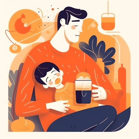 Father and child napping: A comical illustration of a tired father snoozing on a couch while his child tries to wake him up with a cup of coffee or breakfast. Generative AI.の素材
