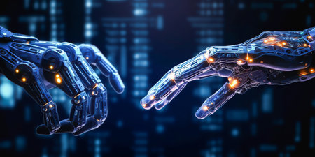Hands of robot touching on big data network connection, Artificial intelligence technology, innovation for futuristic. Science, AI, Machine learning. Generative AI.の素材