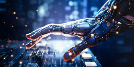 Hand of robot touching circuit board and deep learning mind domination on circuit board and binary data digital background, Science and innovative. Generative AI.の素材