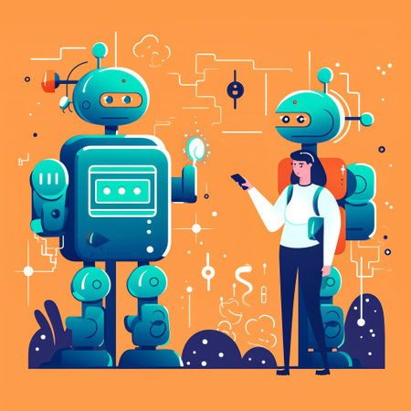 Robot interaction: A person interacting with a flat-style robot, with speech bubbles showcasing the robot's responses and abilities. Generative AI.の素材