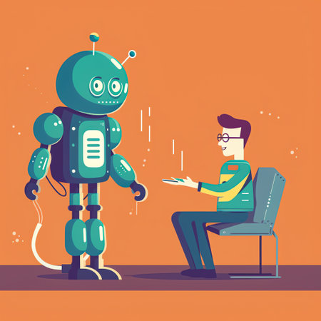 Robot interaction: A person interacting with a flat-style robot, with speech bubbles showcasing the robot's responses and abilities. Generative AI.の素材