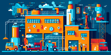 Robotics and automation: A flat-style illustration of factory or warehouse with robots and automated systems, working together with AI algorithms for streamlined production processes. Generative AI.の素材