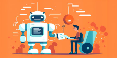 Robot interaction: A person interacting with a flat-style robot, with speech bubbles showcasing the robot's responses and abilities. Generative AI.の素材