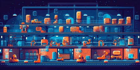 Robotics and automation: A flat-style illustration of factory or warehouse with robots and automated systems, working together with AI algorithms for streamlined production processes. Generative AI.の素材