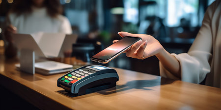 Customer using phone for payment to owner at cafe restaurant, cashless technology and credit card payment concept. Generative AI.の素材
