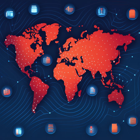 "Global Transactions": A world map with contactless payment symbols in different locations, symbolizing the widespread acceptance of contactless payments worldwide. Generative AI.の素材